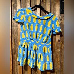 Blue and Yellow Penguin Print Blouse Size 0